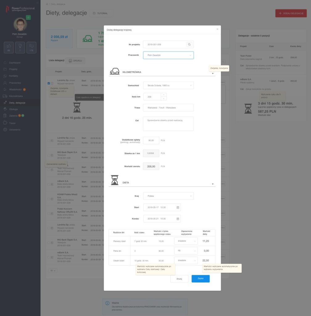 Moduły: diety, delegacje, kilometrówka
